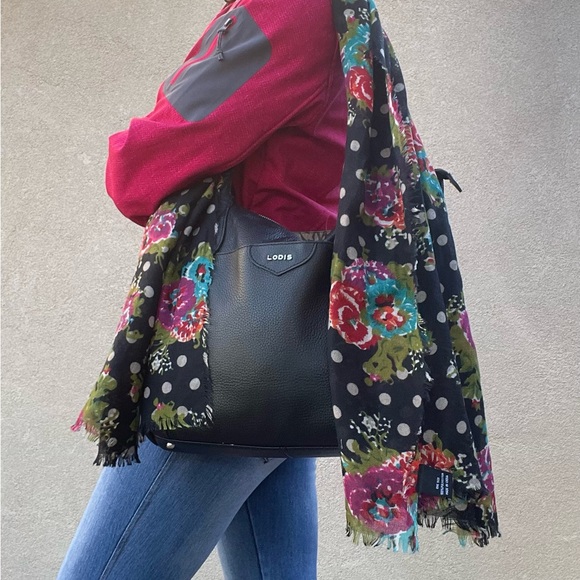 LODIS Siera Genuine Leather Luggage Travel Trolley Tote in Black w/Scarf - Picture 2 of 12